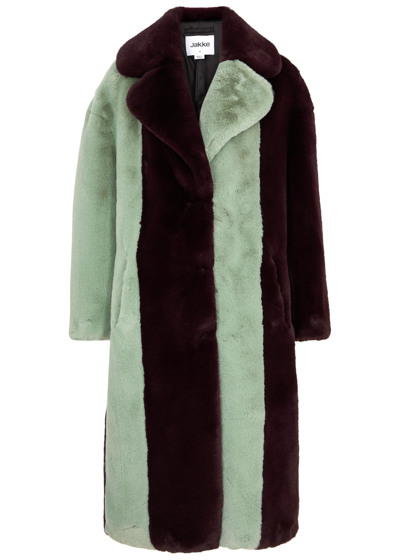 Jakke Katie Long Coat Burgundy And Mint Stripe In Green