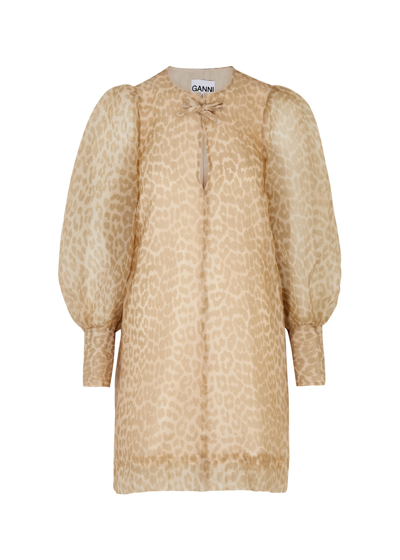 Ganni Leopard-print Organza A-line Mini Dress In Beige