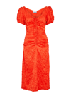 Ganni Short Sleeve Red Crinkled Satin Midi Dress In Orange