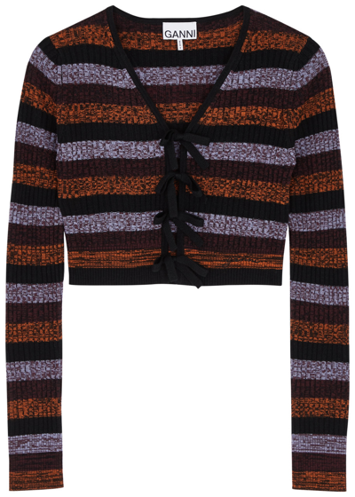 Ganni Striped Rib Knit Wool Crop Cardigan In Assorted