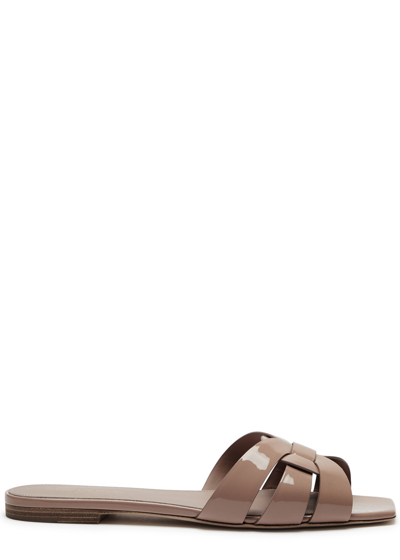 Saint Laurent Tribute Glossed Leather Sliders In Brown