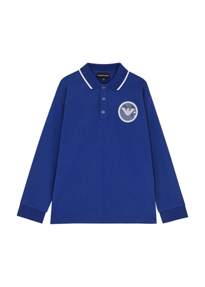 Emporio Armani Kids Logo Cotton Polo Shirt In Blue Blue