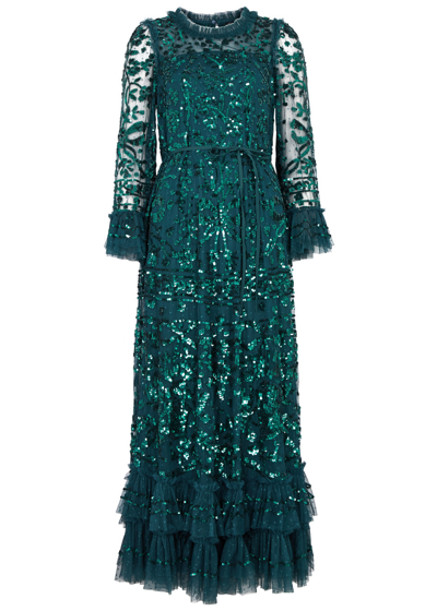 Needle & Thread Celia Sequin-embellished Tulle Gown In Dark Green