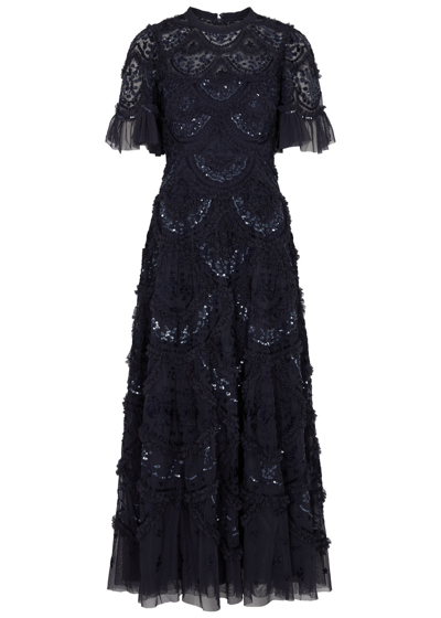 Needle & Thread Carmen Sequin-embellished Tulle Gown In Navy