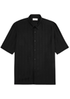 Saint Laurent Tonal Stripe Short Sleeve Silk Button-up Shirt In Black