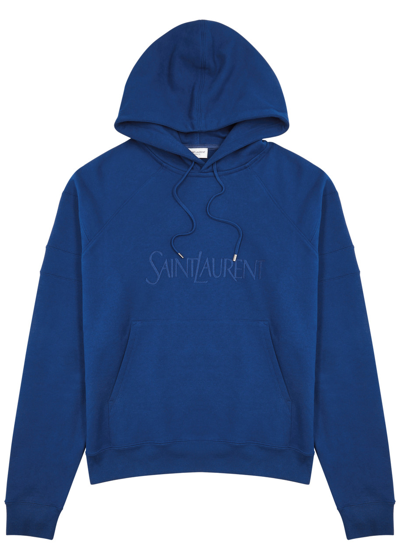 Saint Laurent Logo-embroidered Hooded Cotton Sweatshirt In Blue