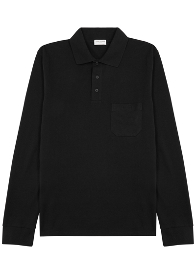 Saint Laurent Logo Piqué Cotton-blend Polo Shirt In Black