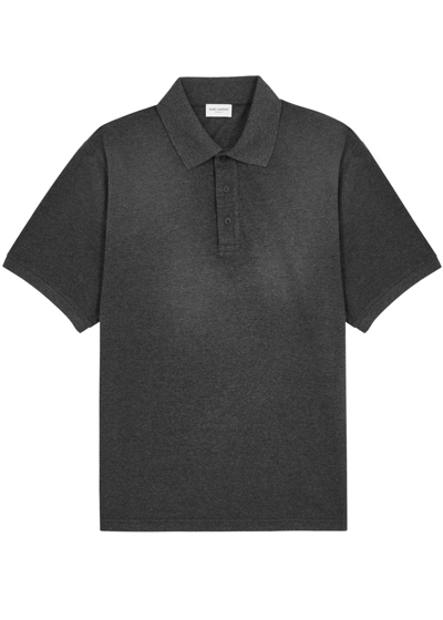 Saint Laurent Logo Piqué Cotton-blend Polo Shirt In Grey