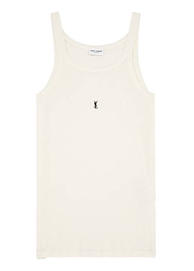 Saint Laurent Logo-embroidered Ribbed Cotton Tank In White