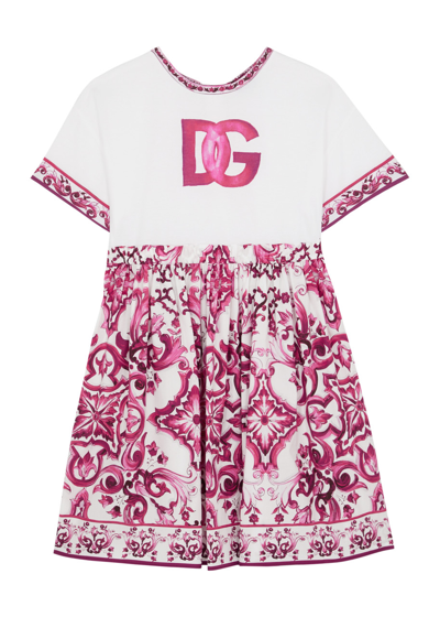 Dolce & Gabbana Kids Printed Logo Cotton Dress (8-14 Years) In White Other