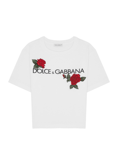Dolce & Gabbana Kids Rose And Logo Cotton T-shirt (2-6 Years) In White