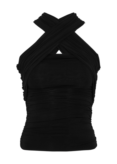 Saint Laurent Wool Drape Halter Top With Hood In Black