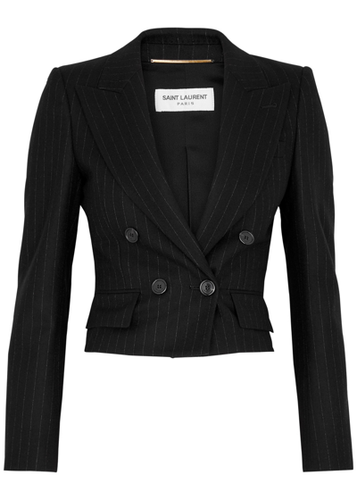 Saint Laurent Pinstriped Cropped Wool-blend Blazer In Black