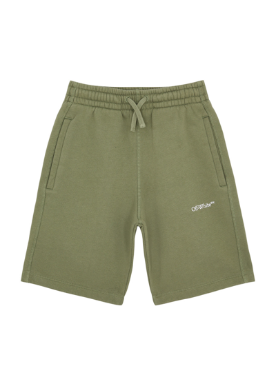 Off-white Kids Diag Logo-print Cotton Shorts In Green