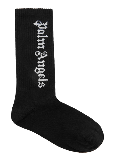 Palm Angels Kids Logo-intarsia Cotton-blend Socks In Black