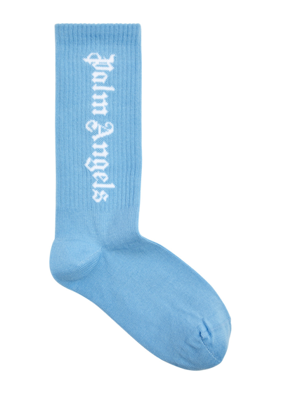 Palm Angels Kids Logo-intarsia Cotton-blend Socks In Blue Blue