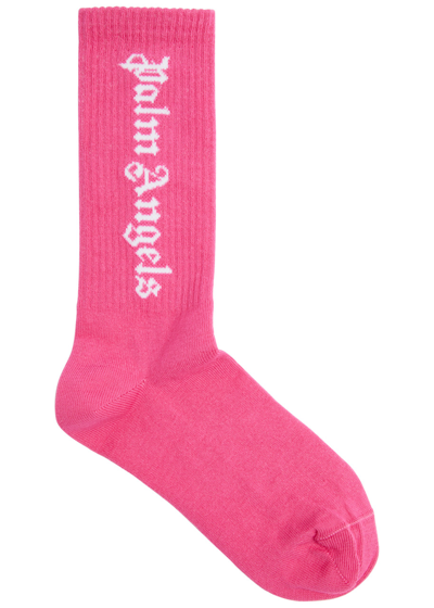 Palm Angels Kids Logo-intarsia Cotton-blend Socks In Pink