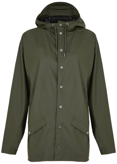 Rains Hooded Rubberised Jacket In Dark Green