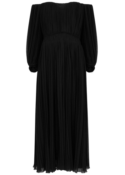 Chloé Off-the-shoulder Pleated Wool-chiffon Maxi Dress In Black