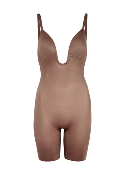 Spanx Suit Your Fancy Open-bust Mid-thigh Bodysuit In Caramel