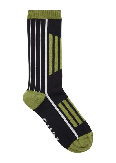 Ganni Sporty Striped Cotton Socks In Green