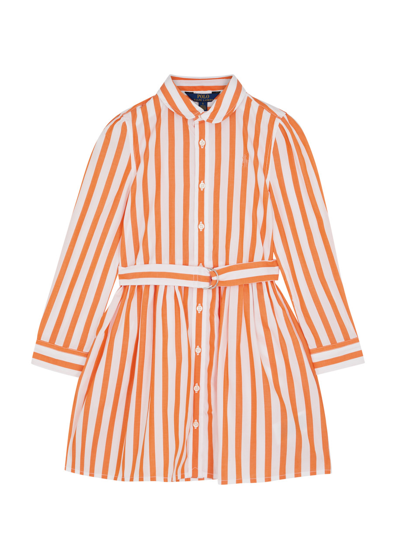 Ralph Lauren Polo  Kids Striped Cotton-poplin Shirt Dress (3-6 Years) In Orange