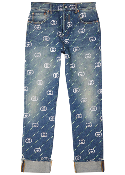 Gucci Gg-embellished Straight-leg Jeans In Blue