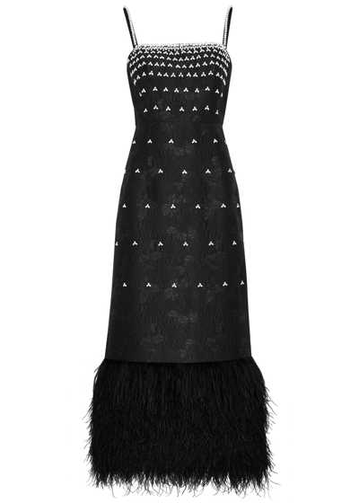 Huishan Zhang Astra Feather-trimmed Crystal-embellished Cloqué Midi Dress In Black
