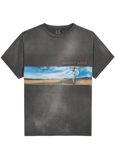 Saint Mxxxxxx Painterly-print Cotton T-shirt In Black