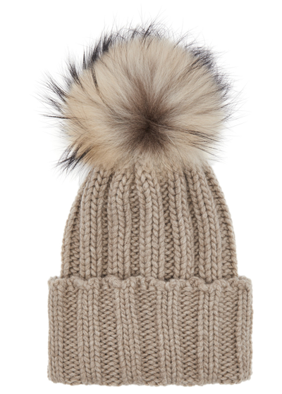 Inverni Pompom Ribbed Cashmere Beanie In Taupe