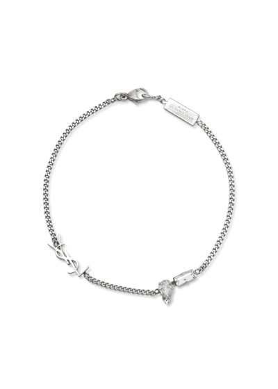 Saint Laurent Opyum Crystal-embellished Logo Bracelet In Silver