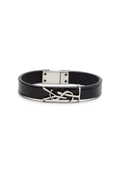 Saint Laurent Logo Crocodile-effect Leather Bracelet In Black