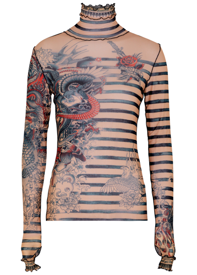 Jean Paul Gaultier Sailor Tattoo Printed Tulle Top In Beige