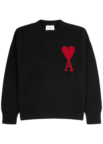 Ami Alexandre Mattiussi Ami Paris Logo-intarsia Wool Jumper In Black Red