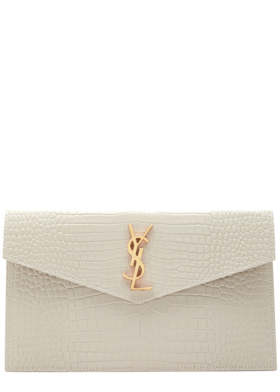 Saint Laurent Uptown Crocodile-effect Leather Pouch In White