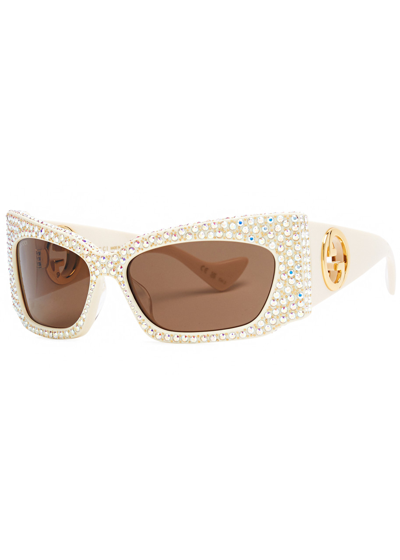 Gucci Crystal-embellished Rectangle-frame Sunglasses In White