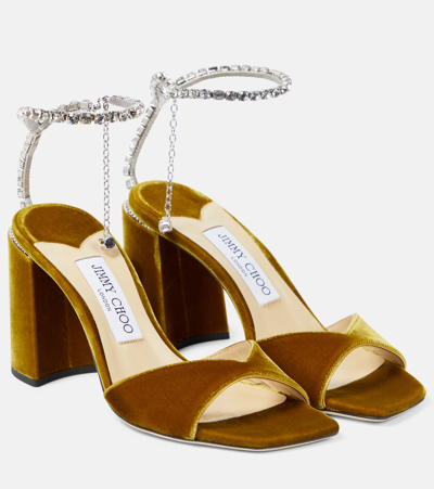 Jimmy Choo Saeda Crystal-embellished Velvet Heeled Sandals In Gold