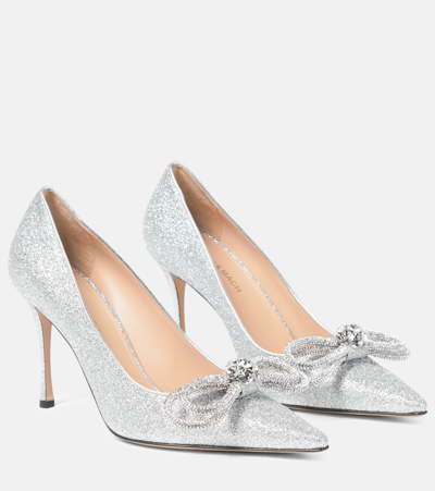 Mach & Mach Double Bow Crystal-embellished Glittered Leather Pumps In Silver