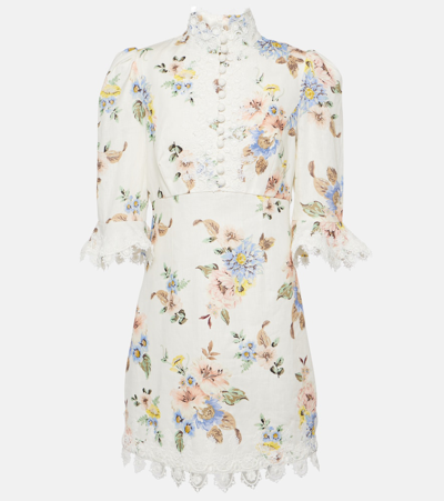Zimmermann Applique Floral-print Linen Dress In White