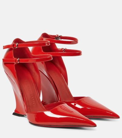 Ferragamo Vidya Patent Dual-buckle Wedge Pumps In Flame Red