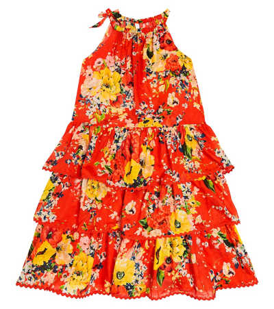 Zimmermann Kids' Alight Tiered Floral Cotton Dress In Red