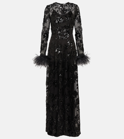Erdem Feather-embellished Sequinned Silk-organza Gown In Black Black