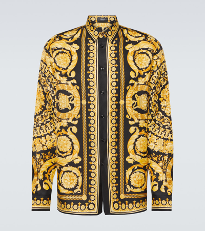 Versace Barocco Print Long-sleeved Silk Shirt In Gold