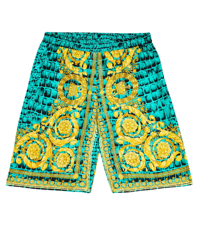 Versace Kids' Boy's Barocco-print Silk Shorts In Glacier Green+black+gold