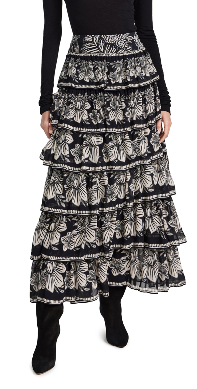 Farm Rio Tiered Maxi Skirt In Pasley Bloom Black