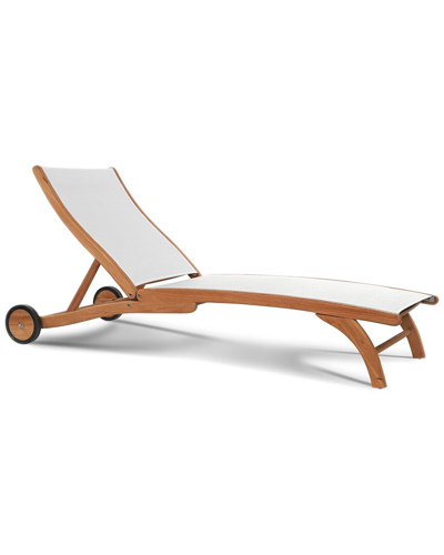 Curated Maison Perrin Teak Outdoor Reclining Chaise Lounge In White With Wheels In Brown