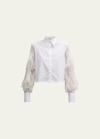 BRUNELLO CUCINELLI BUTTON-FRONT COTTON SHIRT WITH OSTRICH FEATHER SLEEVES