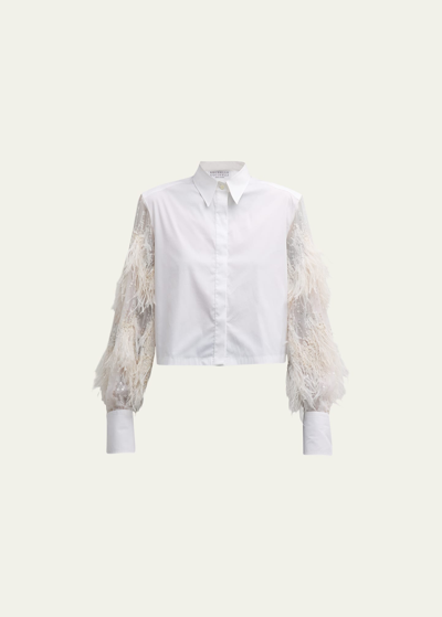Brunello Cucinelli Button-front Cotton Shirt With Ostrich Feather Sleeves In C159 White