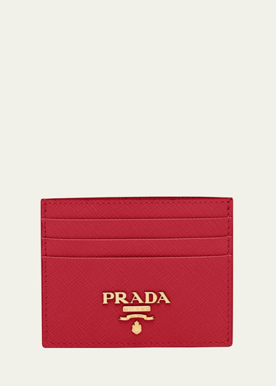 Prada Logo Saffiano Leather Card Case In Red