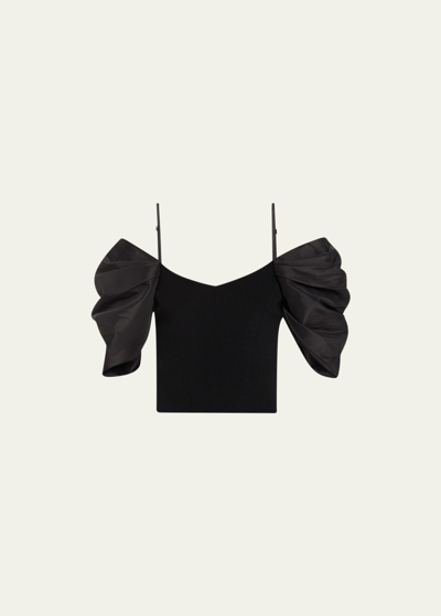 Simkhai Casette Cold-shoulder Combo Knit Bustier Top In Black